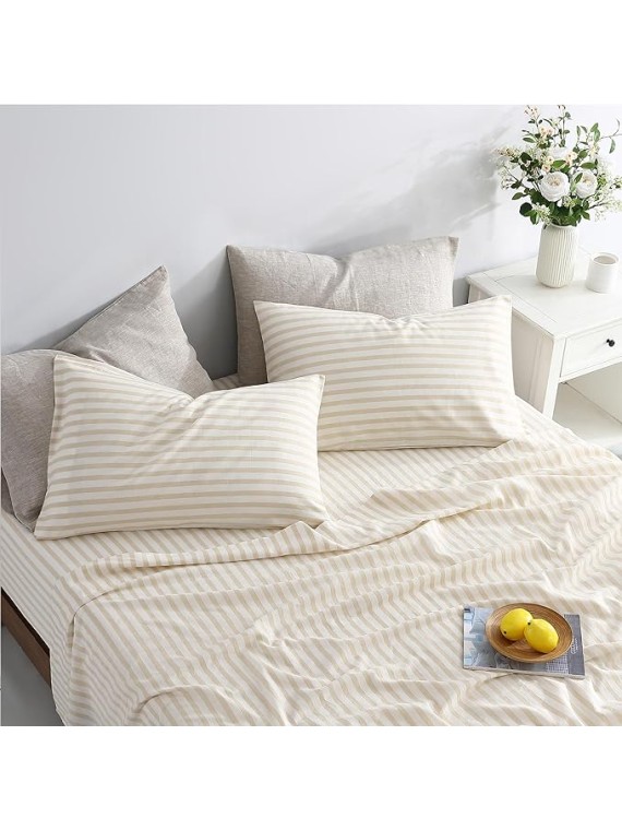 Bedding Linen Sheets Set Bed - 55% Linen 45% Cotton Blend Sheets Queen Size Bedding Farmhouse Boho Style, Soft Comfy Breathable - Deep Pocket Fitted Sheet & Flat Sheet & 2 Pillowcases (Apricot)