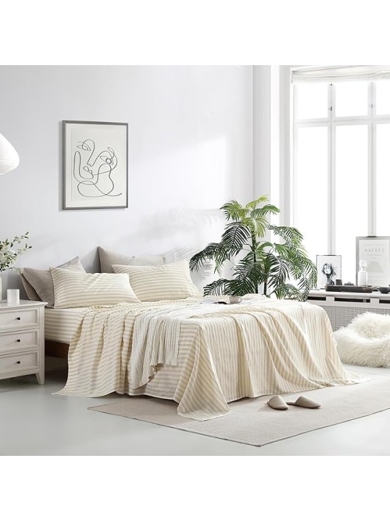 Bedding Linen Sheets Set Bed - 55% Linen 45% Cotton Blend Sheets Queen Size Bedding Farmhouse Boho Style, Soft Comfy Breathable - Deep Pocket Fitted Sheet & Flat Sheet & 2 Pillowcases (Apricot)