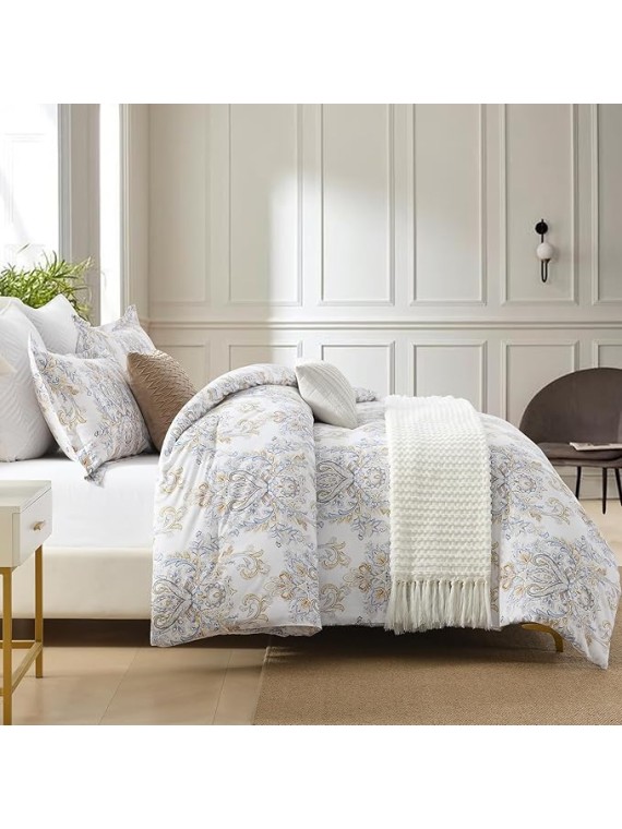 King Damask Comforter Set - King Size, Cotton Quilted, Vintage Paisley Floral, Fluffy Cloud Soft Bedding, 1 Comforter (104"x90") and 2 Pillow Shams (20"x36")
