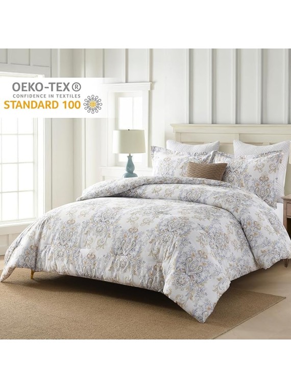 King Damask Comforter Set - King Size, Cotton Quilted, Vintage Paisley Floral, Fluffy Cloud Soft Bedding, 1 Comforter (104"x90") and 2 Pillow Shams (20"x36")