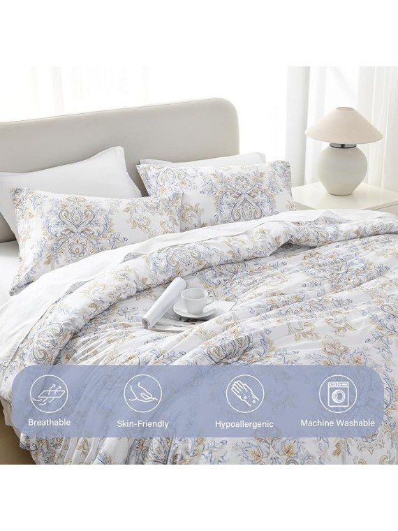 King Damask Comforter Set - King Size, Cotton Quilted, Vintage Paisley Floral, Fluffy Cloud Soft Bedding, 1 Comforter (104"x90") and 2 Pillow Shams (20"x36")