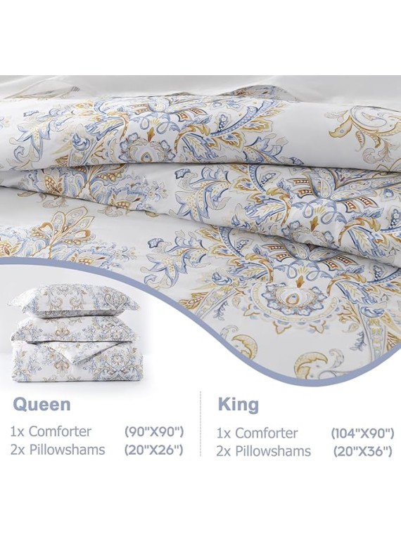 King Damask Comforter Set - King Size, Cotton Quilted, Vintage Paisley Floral, Fluffy Cloud Soft Bedding, 1 Comforter (104"x90") and 2 Pillow Shams (20"x36")