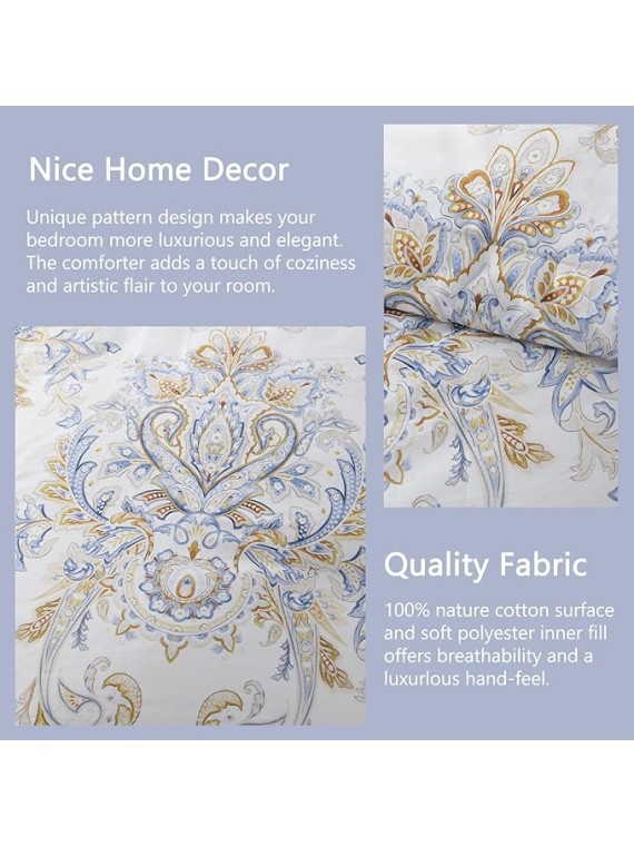 King Damask Comforter Set - King Size, Cotton Quilted, Vintage Paisley Floral, Fluffy Cloud Soft Bedding, 1 Comforter (104"x90") and 2 Pillow Shams (20"x36")
