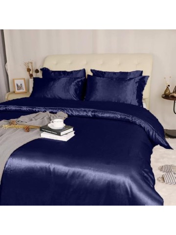 100% Pure Silk Satin 7 Pcs Set of Duvet Sheet,Deep Pocket Fitted Sheet and Flat Sheet with Pillowcases Wrinkle Free Fade Resistant Cool Soft Bed Sheets (Navy Blue, Queen)