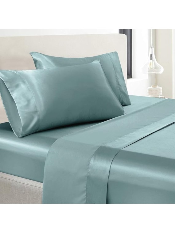 100% Pure Silk Satin 7 Pcs Set of Duvet Sheet,Deep Pocket Fitted Sheet and Flat Sheet with Pillowcases Wrinkle Free Fade Resistant Cool Soft Bed Sheets (Navy Blue, Queen)