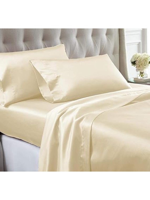 100% Pure Silk Satin 7 Pcs Set of Duvet Sheet,Deep Pocket Fitted Sheet and Flat Sheet with Pillowcases Wrinkle Free Fade Resistant Cool Soft Bed Sheets (Navy Blue, Queen)