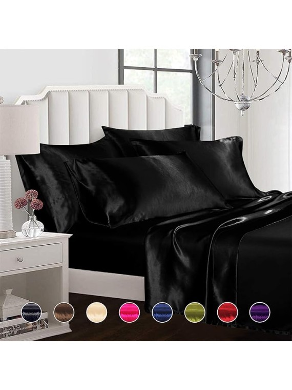 100% Pure Silk Satin 7 Pcs Set of Duvet Sheet,Deep Pocket Fitted Sheet and Flat Sheet with Pillowcases Wrinkle Free Fade Resistant Cool Soft Bed Sheets (Navy Blue, Queen)