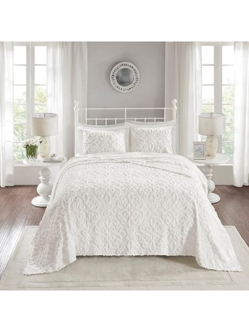 Cozy and Elegant 3 Piece Tufted Cotton Chenille Bedspread Set for King/Cal King Beds, Floral Medallion Design, Off-White