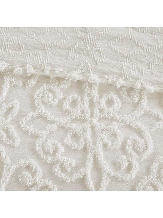 Cozy and Elegant 3 Piece Tufted Cotton Chenille Bedspread Set for King/Cal King Beds, Floral Medallion Design, Off-White