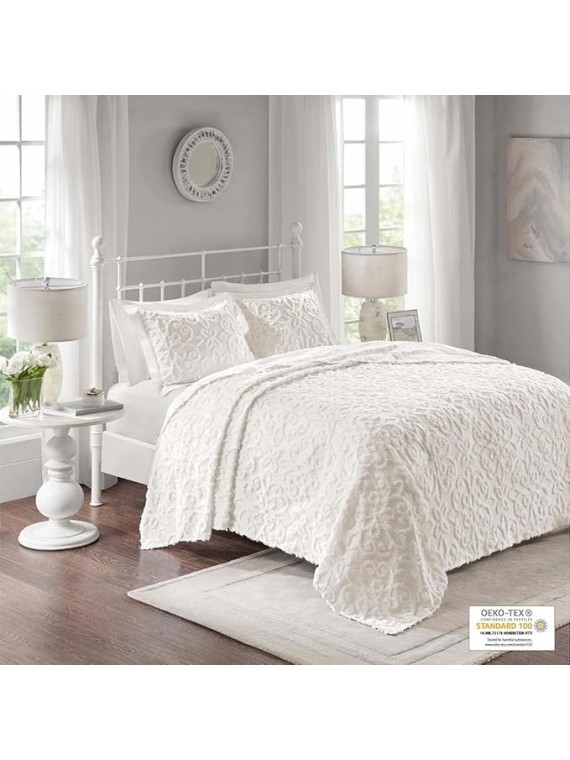 Cozy and Elegant 3 Piece Tufted Cotton Chenille Bedspread Set for King/Cal King Beds, Floral Medallion Design, Off-White