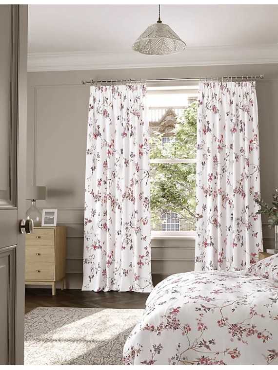Sateen Cherry Blossom Pencil Pleat Blackout Curtains