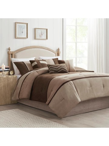 Palisades Comforter Set Modern Faux Suede Pieced Stripe Design, All Season Down Alternative Cozy Bedding with Matching Shams, Decorative Pillows, Cal King(104