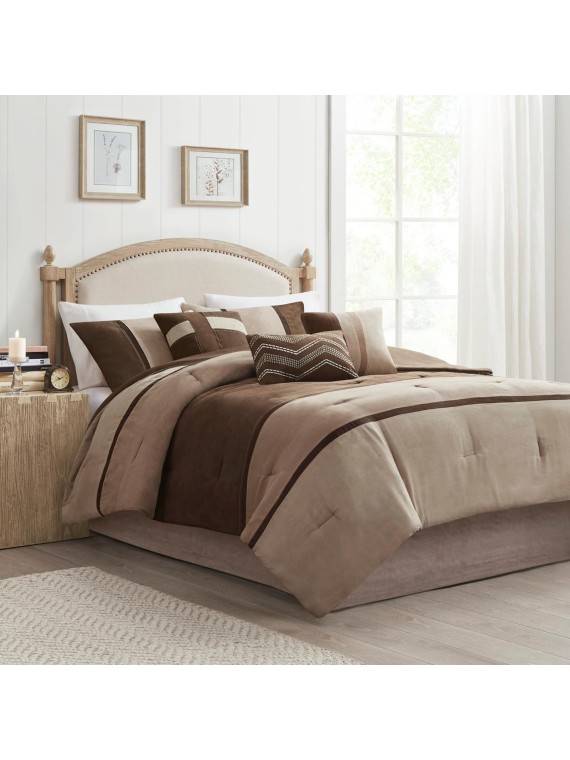 Palisades Comforter Set Modern Faux Suede Pieced Stripe Design, All Season Down Alternative Cozy Bedding with Matching Shams, Decorative Pillows, Cal King(104