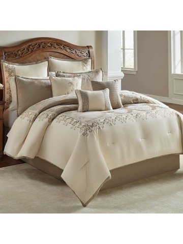 100% Polyester Comforter Set, Queen, Hillcrest - Ivory/Gold, 9 Piece Set