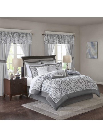 Cozy Comforter Set Jacquard Damask MedallionDesignModern All Season, Down Alternative Bedding, Shams, Decorative Pillows,Cal King(104 in x 92 in), Grey RIAB 24 Piece
