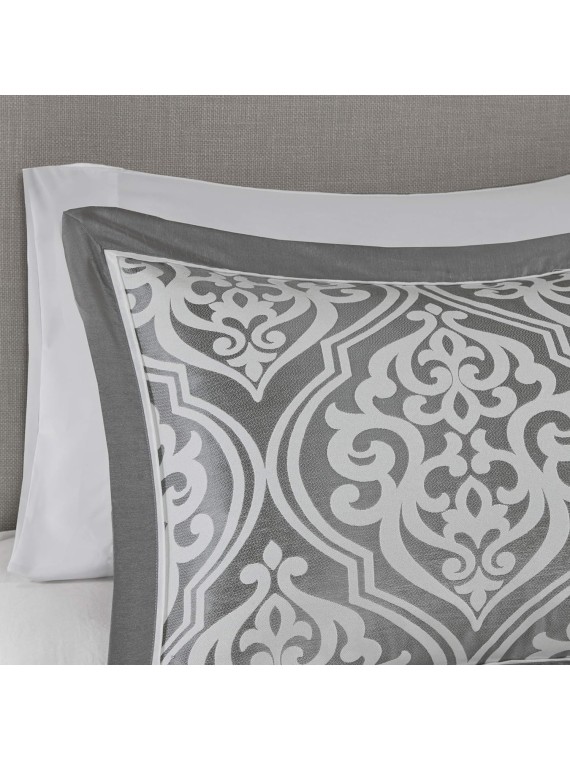 Cozy Comforter Set Jacquard Damask MedallionDesignModern All Season, Down Alternative Bedding, Shams, Decorative Pillows,Cal King(104 in x 92 in), Grey RIAB 24 Piece
