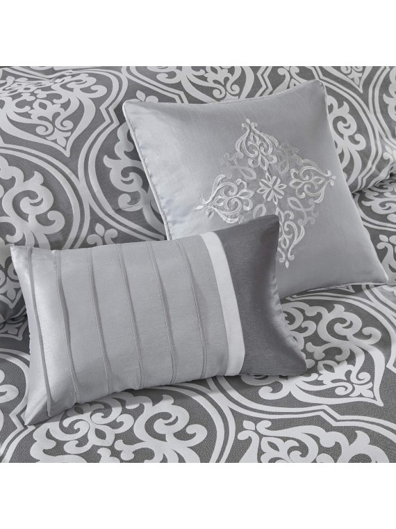 Cozy Comforter Set Jacquard Damask MedallionDesignModern All Season, Down Alternative Bedding, Shams, Decorative Pillows,Cal King(104 in x 92 in), Grey RIAB 24 Piece