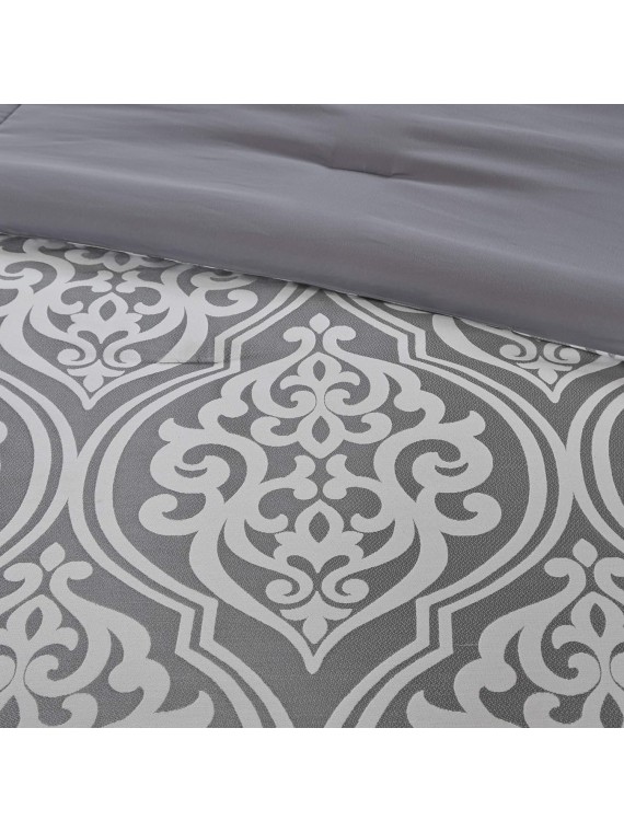 Cozy Comforter Set Jacquard Damask MedallionDesignModern All Season, Down Alternative Bedding, Shams, Decorative Pillows,Cal King(104 in x 92 in), Grey RIAB 24 Piece