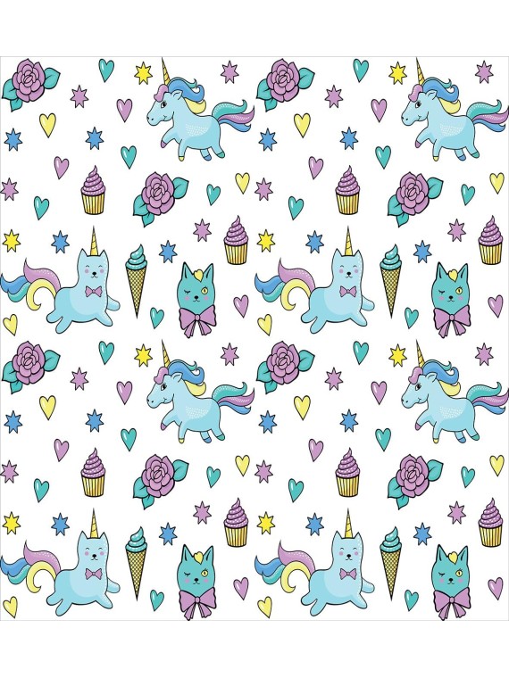 Unicorn Cat Duvet Cover Set, Girls Pattern with Hearts Stars Flowers Ice Cream Funny, Decorative 3 Piece Bedding Set with 2 Pillow Shams, King Size, Soft Blue
