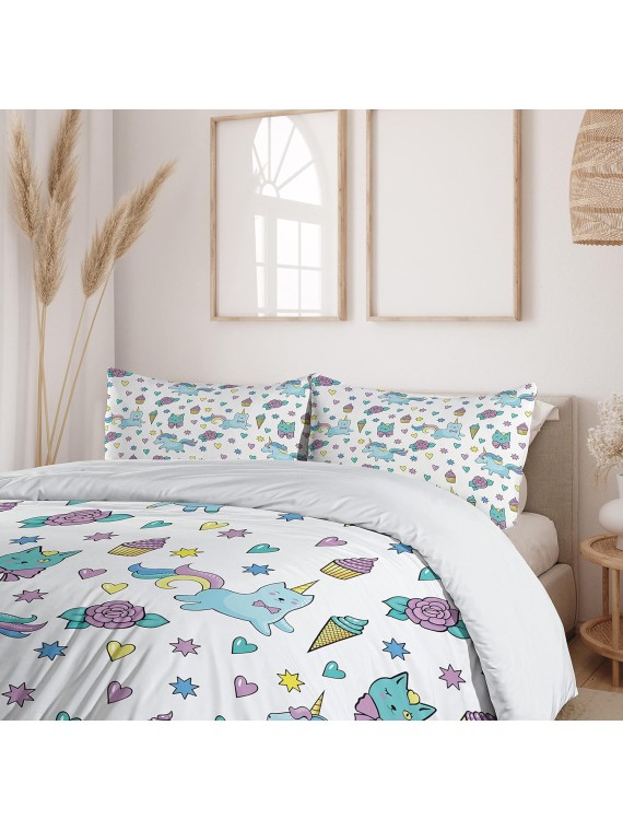 Unicorn Cat Duvet Cover Set, Girls Pattern with Hearts Stars Flowers Ice Cream Funny, Decorative 3 Piece Bedding Set with 2 Pillow Shams, King Size, Soft Blue