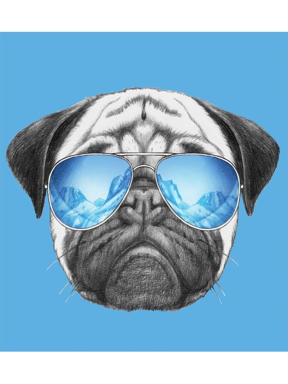 Pug Duvet Cover Set, Dog Portrait Mirror Sunglasses Hand Drawn Illustration of Pet Animal Funny, Decorative 3 Piece Bedding Set with 2 Pillow Shams, King Size, Black Pearl Blue