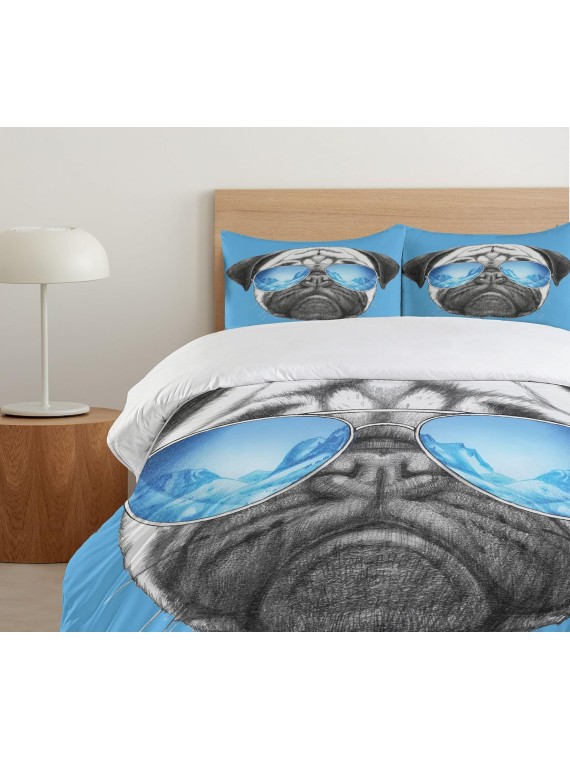 Pug Duvet Cover Set, Dog Portrait Mirror Sunglasses Hand Drawn Illustration of Pet Animal Funny, Decorative 3 Piece Bedding Set with 2 Pillow Shams, King Size, Black Pearl Blue