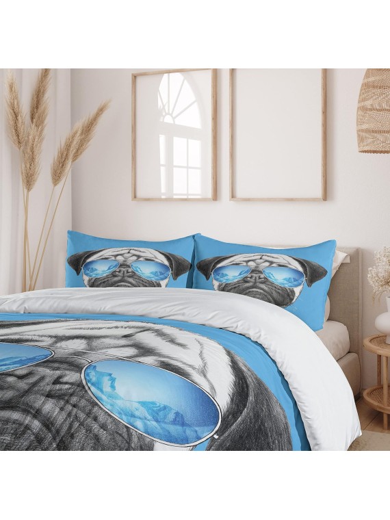 Pug Duvet Cover Set, Dog Portrait Mirror Sunglasses Hand Drawn Illustration of Pet Animal Funny, Decorative 3 Piece Bedding Set with 2 Pillow Shams, King Size, Black Pearl Blue