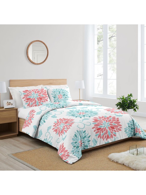 Turquoise and Coral Emma 3 Piece Childrens, Teen, Kids Modern Full/Queen Bedding Set Collection