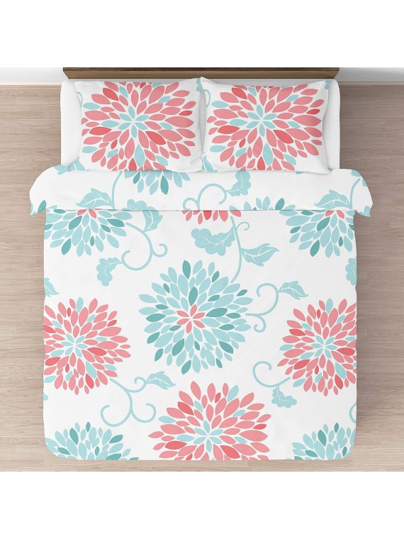 Turquoise and Coral Emma 3 Piece Childrens, Teen, Kids Modern Full/Queen Bedding Set Collection