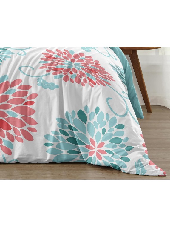 Turquoise and Coral Emma 3 Piece Childrens, Teen, Kids Modern Full/Queen Bedding Set Collection