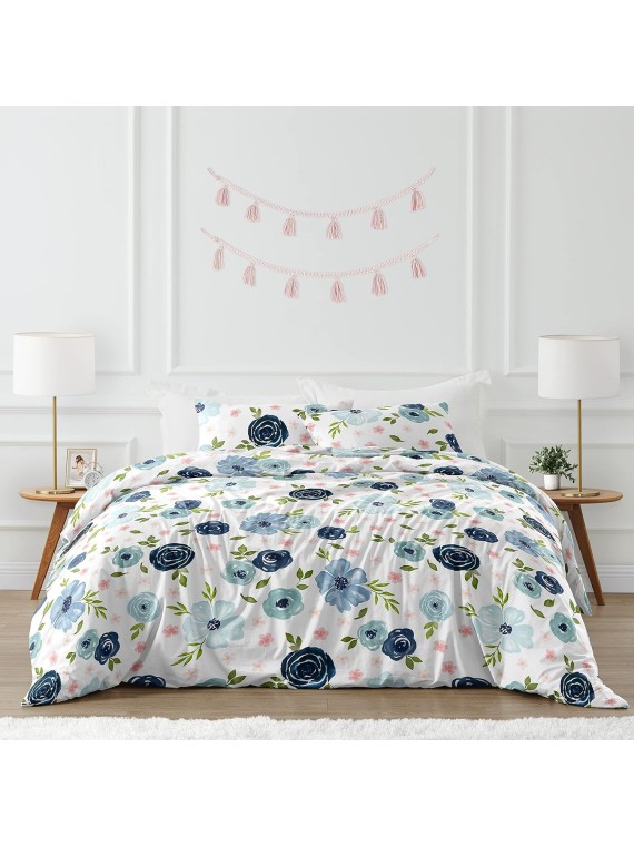 Navy Blue and Pink Watercolor Floral Girl Full/Queen Size Kid Childrens Bedding Comforter Set - 3 Pieces - Blush, Green and White Shabby Chic Rose Flower