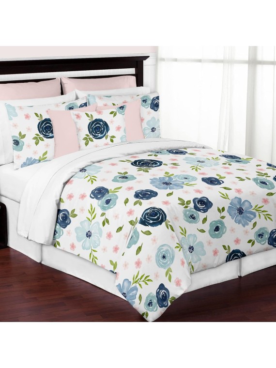 Navy Blue and Pink Watercolor Floral Girl Full/Queen Size Kid Childrens Bedding Comforter Set - 3 Pieces - Blush, Green and White Shabby Chic Rose Flower