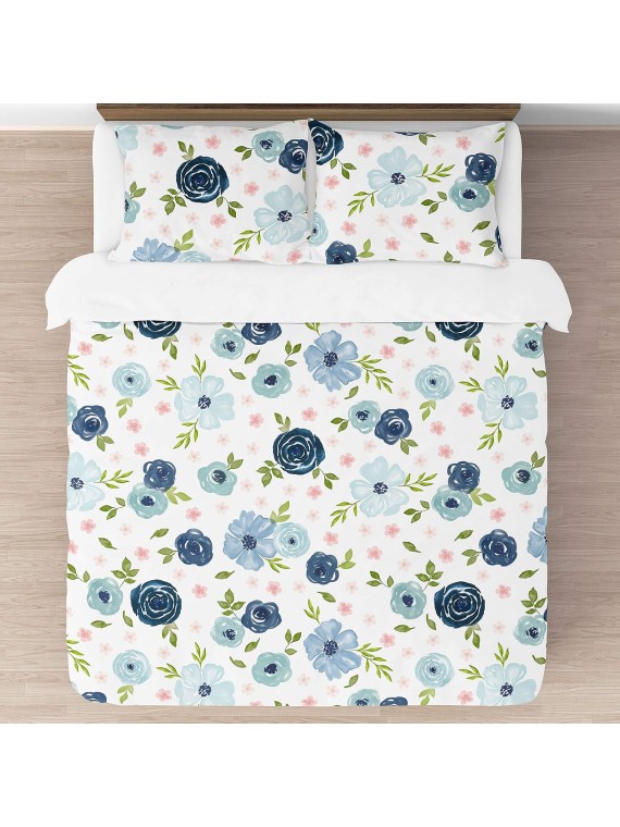 Navy Blue and Pink Watercolor Floral Girl Full/Queen Size Kid Childrens Bedding Comforter Set - 3 Pieces - Blush, Green and White Shabby Chic Rose Flower
