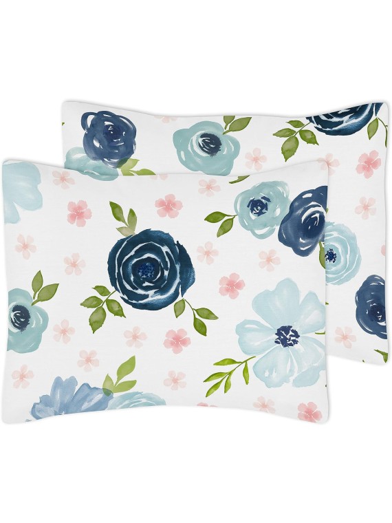 Navy Blue and Pink Watercolor Floral Girl Full/Queen Size Kid Childrens Bedding Comforter Set - 3 Pieces - Blush, Green and White Shabby Chic Rose Flower