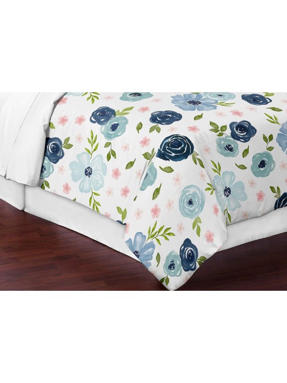 Navy Blue and Pink Watercolor Floral Girl Full/Queen Size Kid Childrens Bedding Comforter Set - 3 Pieces - Blush, Green and White Shabby Chic Rose Flower