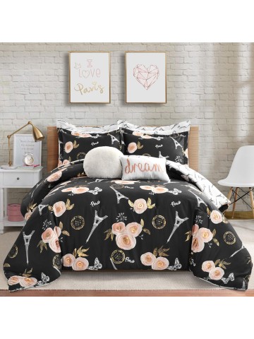 Black Vintage Paris Rose Butterfly 7-Piece Comforter Bed Set, Reversible Bedding (Full/Queen)