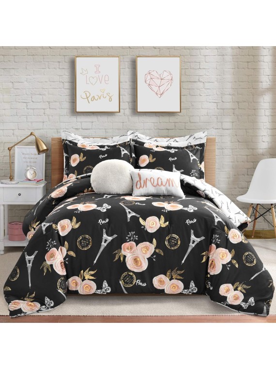 Black Vintage Paris Rose Butterfly 7-Piece Comforter Bed Set, Reversible Bedding (Full/Queen)