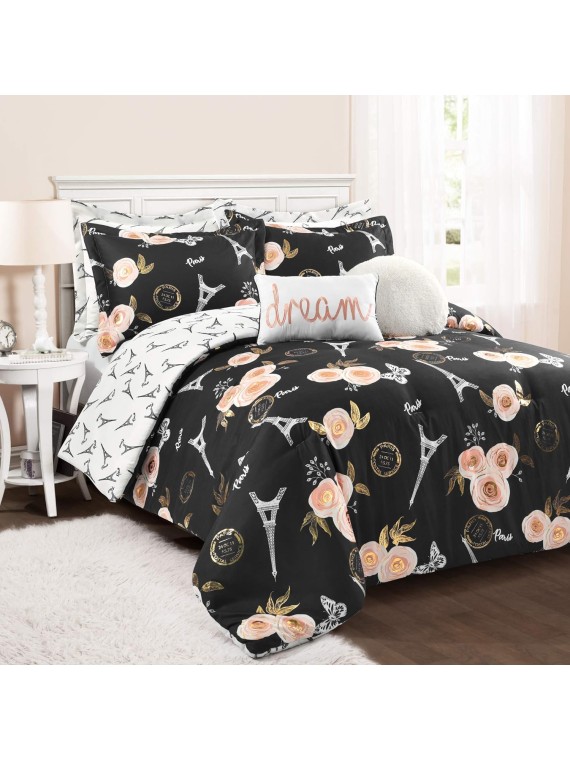 Black Vintage Paris Rose Butterfly 7-Piece Comforter Bed Set, Reversible Bedding (Full/Queen)