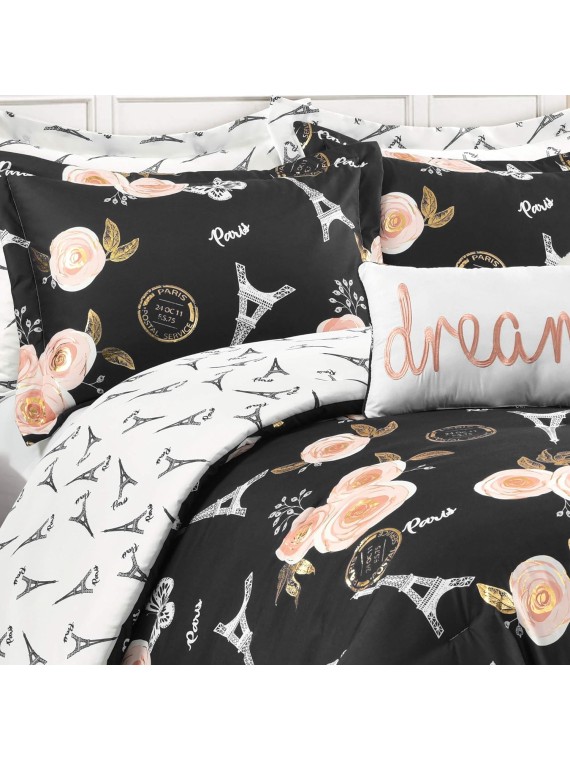 Black Vintage Paris Rose Butterfly 7-Piece Comforter Bed Set, Reversible Bedding (Full/Queen)