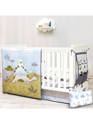 Dinosaur Crib Bedding Set for Boys, Dinosaur Crib Set includes - Dino Blanket, 2 Fitted Sheets, Pillowcase, Crib Skirt, Nursery Organizer - Dino Theme, Blue-White, 6 Piece boy crib bedding set