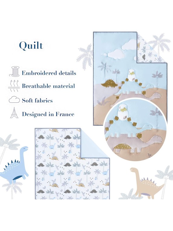 Dinosaur Crib Bedding Set for Boys, Dinosaur Crib Set includes - Dino Blanket, 2 Fitted Sheets, Pillowcase, Crib Skirt, Nursery Organizer - Dino Theme, Blue-White, 6 Piece boy crib bedding set