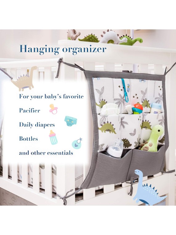 Dinosaur Crib Bedding Set for Boys, Dinosaur Crib Set includes - Dino Blanket, 2 Fitted Sheets, Pillowcase, Crib Skirt, Nursery Organizer - Dino Theme, Blue-White, 6 Piece boy crib bedding set