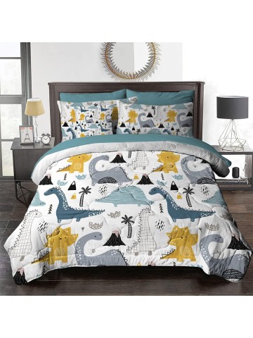 Dinosaur Comforter Bed in A Bag 8 Pieces Kids Boys Dino King Size Comforter Sets - 1 Comforter, 2 Pillow Shams, 1 Flat Sheet, 1 Fitted Sheet, 1 Cushion Cover, 2 Pillowcases