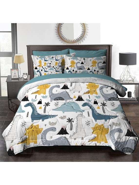 Dinosaur Comforter Bed in A Bag 8 Pieces Kids Boys Dino King Size Comforter Sets - 1 Comforter, 2 Pillow Shams, 1 Flat Sheet, 1 Fitted Sheet, 1 Cushion Cover, 2 Pillowcases