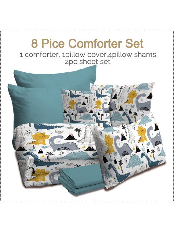 Dinosaur Comforter Bed in A Bag 8 Pieces Kids Boys Dino King Size Comforter Sets - 1 Comforter, 2 Pillow Shams, 1 Flat Sheet, 1 Fitted Sheet, 1 Cushion Cover, 2 Pillowcases