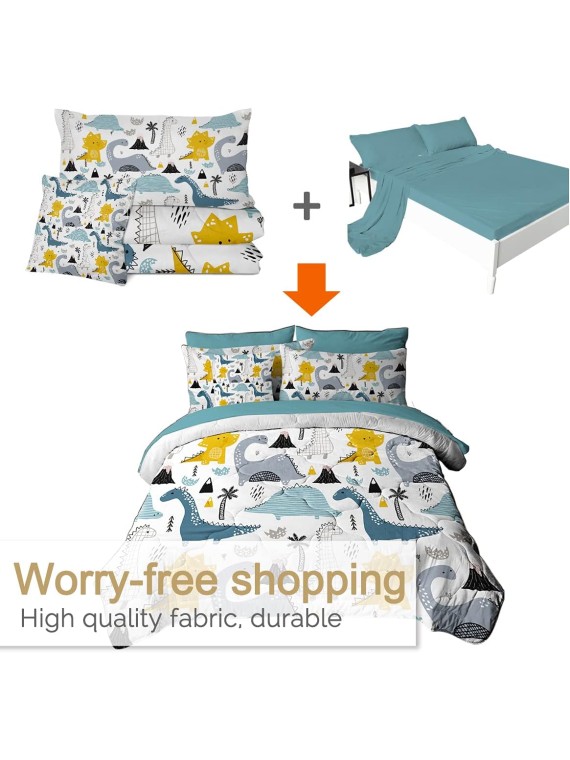 Dinosaur Comforter Bed in A Bag 8 Pieces Kids Boys Dino King Size Comforter Sets - 1 Comforter, 2 Pillow Shams, 1 Flat Sheet, 1 Fitted Sheet, 1 Cushion Cover, 2 Pillowcases