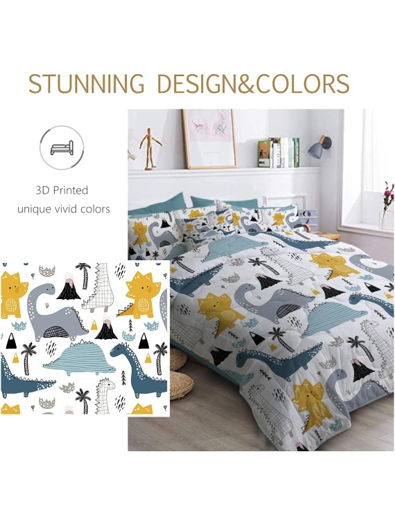 Dinosaur Comforter Bed in A Bag 8 Pieces Kids Boys Dino King Size Comforter Sets - 1 Comforter, 2 Pillow Shams, 1 Flat Sheet, 1 Fitted Sheet, 1 Cushion Cover, 2 Pillowcases
