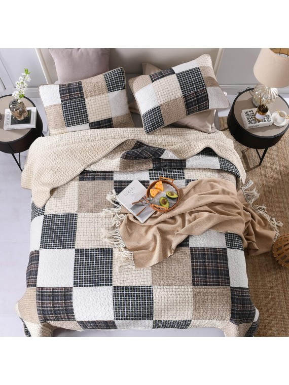 100% Cotton King Size Quilt Set - Lightweight Bedding Set, Real-patchwork Plaid Pattern Printed Farmhouse Bedspreads, Soft Reversible Coverlet Comforter for All Season, 3 Pieces