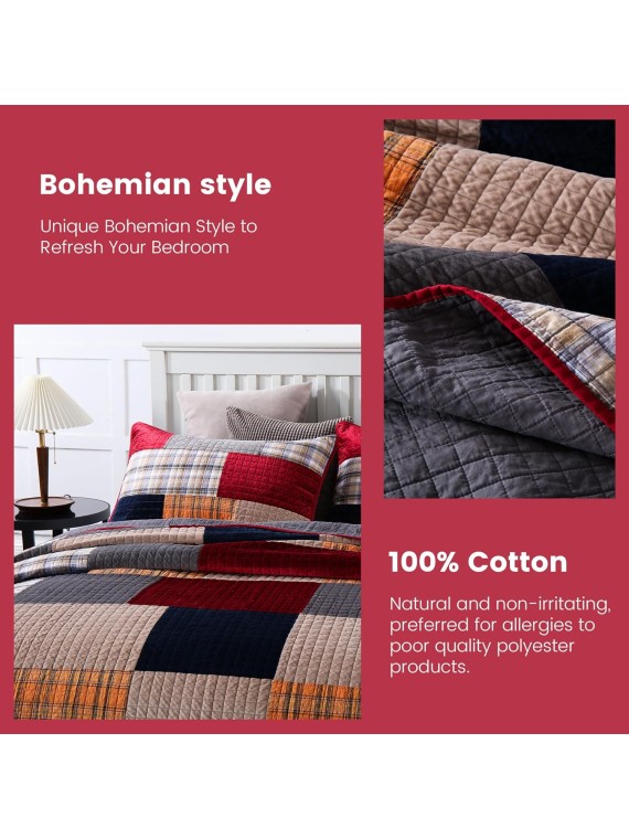 Imports Velvet King Size Comforter Set- Cotton & Velvet Quilt King Size Set, Red, Black bedspreads (96 * 108 Inch) with 2 Pillow Shams, Patchwork Reversible Lightweight Bedding
