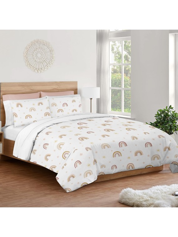 Boho Rainbow Girl Full/Queen Bedding Set Kid Comforter Childrens Size - 3 Pieces - Blush Pink Dusty Rose Gold Yellow Mauve Taupe Beige Tan Bohemian Stars Sun Celestial Vintage Sky